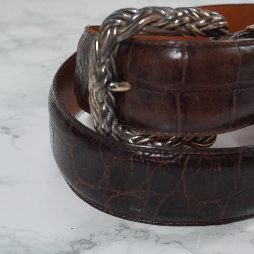 VTG Brighton Brown Crocodile Embossed Leather Belt Silver Braided Buckle M 47209 - Picture 3 of 8